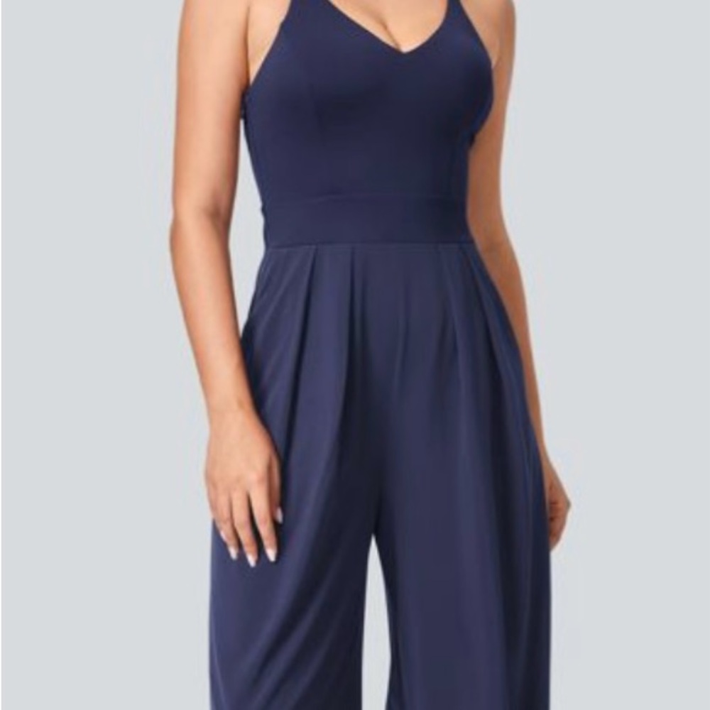 HALARA Navy V-Neck Wide-Leg Jumpsuit